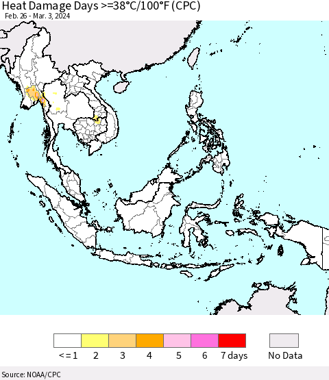 South East Asia Heat Damage Days >=38°C/100°F (CPC) Thematic Map For 2/26/2024 - 3/3/2024