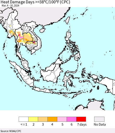 South East Asia Heat Damage Days >=38°C/100°F (CPC) Thematic Map For 3/4/2024 - 3/10/2024