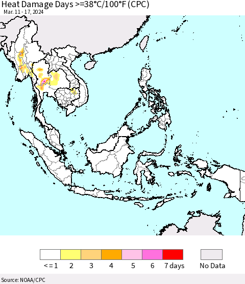 South East Asia Heat Damage Days >=38°C/100°F (CPC) Thematic Map For 3/11/2024 - 3/17/2024