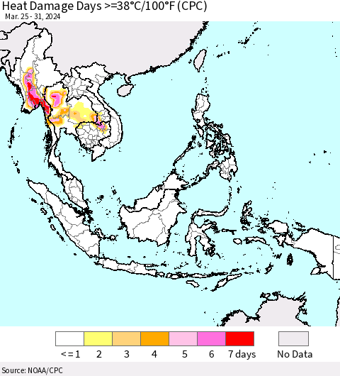 South East Asia Heat Damage Days >=38°C/100°F (CPC) Thematic Map For 3/25/2024 - 3/31/2024