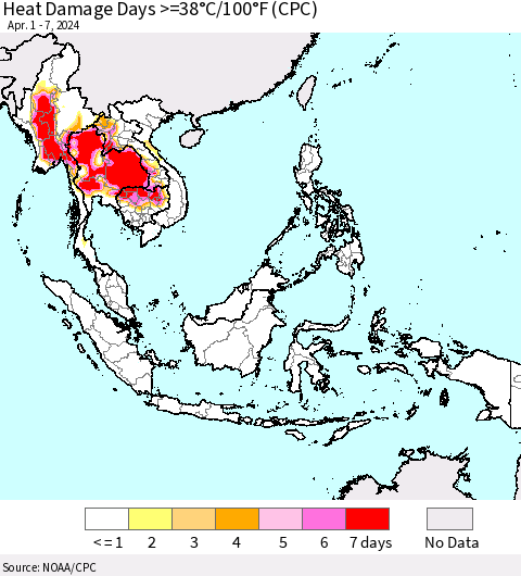 South East Asia Heat Damage Days >=38°C/100°F (CPC) Thematic Map For 4/1/2024 - 4/7/2024