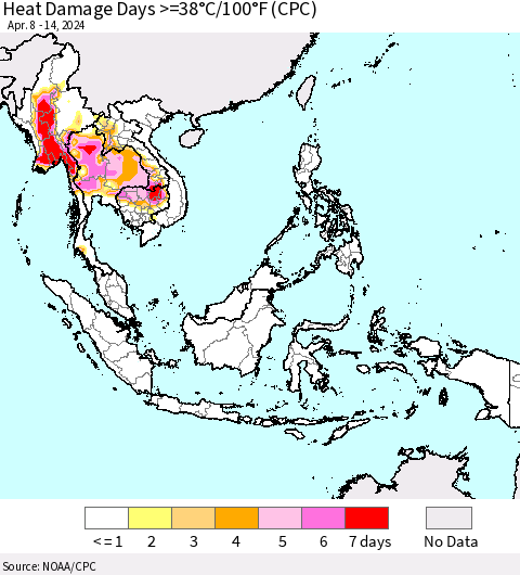 South East Asia Heat Damage Days >=38°C/100°F (CPC) Thematic Map For 4/8/2024 - 4/14/2024