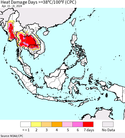 South East Asia Heat Damage Days >=38°C/100°F (CPC) Thematic Map For 4/15/2024 - 4/21/2024