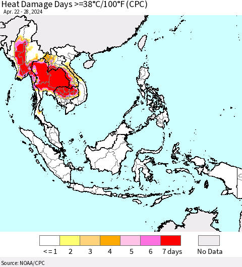 South East Asia Heat Damage Days >=38°C/100°F (CPC) Thematic Map For 4/22/2024 - 4/28/2024