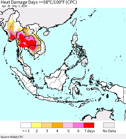 South East Asia Heat Damage Days >=38°C/100°F (CPC) Thematic Map For 4/29/2024 - 5/5/2024