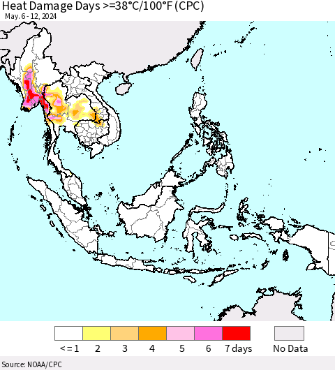South East Asia Heat Damage Days >=38°C/100°F (CPC) Thematic Map For 5/6/2024 - 5/12/2024