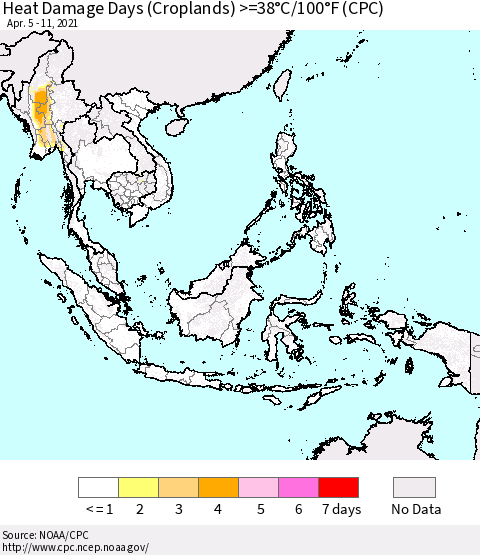 South East Asia Heat Damage Days (Croplands) >=38°C/100°F (CPC) Thematic Map For 4/5/2021 - 4/11/2021
