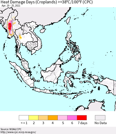 South East Asia Heat Damage Days (Croplands) >=38°C/100°F (CPC) Thematic Map For 4/19/2021 - 4/25/2021