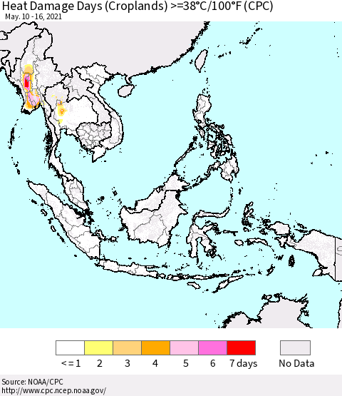 South East Asia Heat Damage Days (Croplands) >=38°C/100°F (CPC) Thematic Map For 5/10/2021 - 5/16/2021