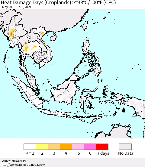 South East Asia Heat Damage Days (Croplands) >=38°C/100°F (CPC) Thematic Map For 5/31/2021 - 6/6/2021
