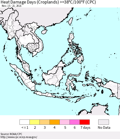 South East Asia Heat Damage Days (Croplands) >=38°C/100°F (CPC) Thematic Map For 11/15/2021 - 11/21/2021