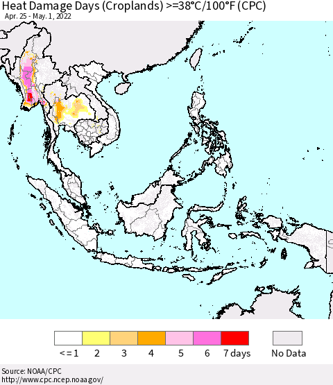 South East Asia Heat Damage Days (Croplands) >=38°C/100°F (CPC) Thematic Map For 4/25/2022 - 5/1/2022