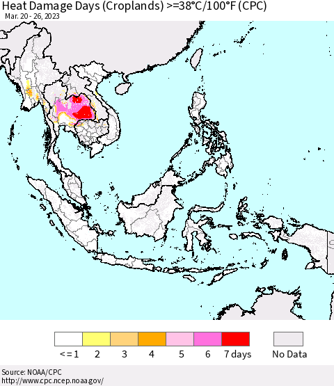 South East Asia Heat Damage Days (Croplands) >=38°C/100°F (CPC) Thematic Map For 3/20/2023 - 3/26/2023