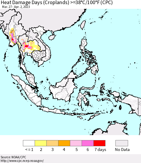 South East Asia Heat Damage Days (Croplands) >=38°C/100°F (CPC) Thematic Map For 3/27/2023 - 4/2/2023