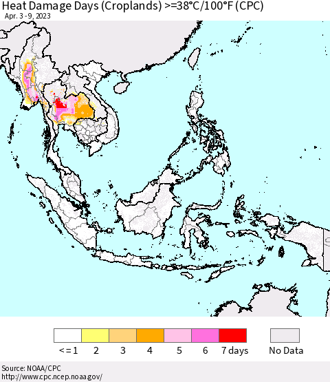 South East Asia Heat Damage Days (Croplands) >=38°C/100°F (CPC) Thematic Map For 4/3/2023 - 4/9/2023