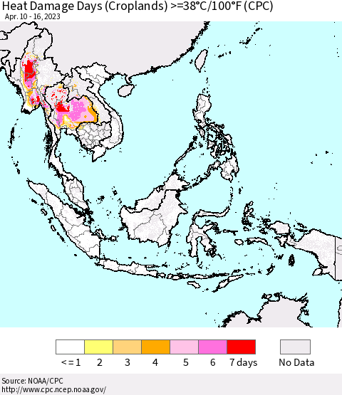 South East Asia Heat Damage Days (Croplands) >=38°C/100°F (CPC) Thematic Map For 4/10/2023 - 4/16/2023