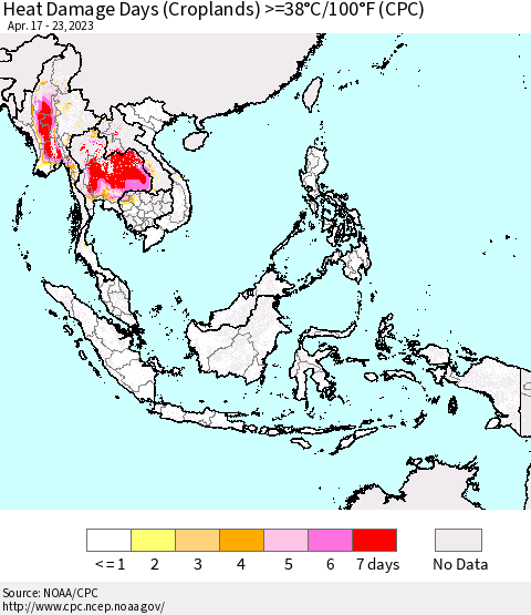 South East Asia Heat Damage Days (Croplands) >=38°C/100°F (CPC) Thematic Map For 4/17/2023 - 4/23/2023