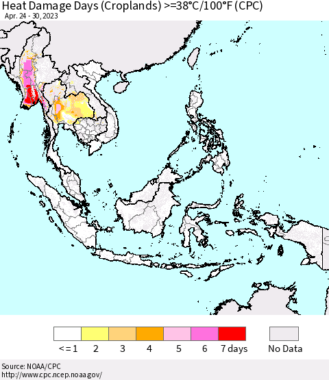 South East Asia Heat Damage Days (Croplands) >=38°C/100°F (CPC) Thematic Map For 4/24/2023 - 4/30/2023