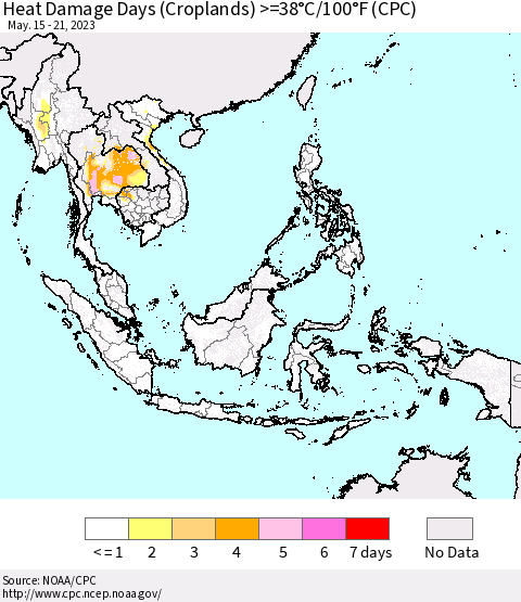 South East Asia Heat Damage Days (Croplands) >=38°C/100°F (CPC) Thematic Map For 5/15/2023 - 5/21/2023