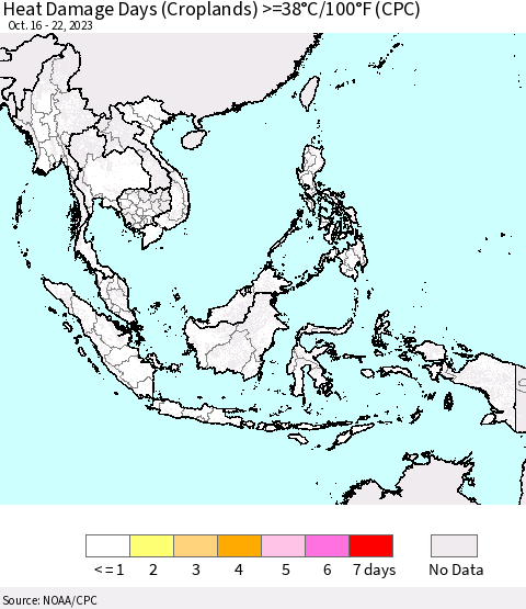 South East Asia Heat Damage Days (Croplands) >=38°C/100°F (CPC) Thematic Map For 10/16/2023 - 10/22/2023