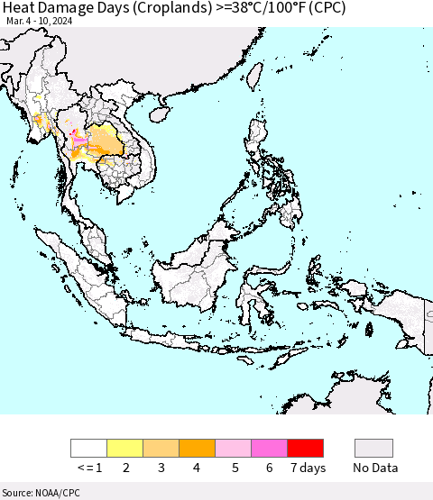 South East Asia Heat Damage Days (Croplands) >=38°C/100°F (CPC) Thematic Map For 3/4/2024 - 3/10/2024