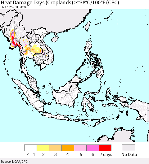 South East Asia Heat Damage Days (Croplands) >=38°C/100°F (CPC) Thematic Map For 3/25/2024 - 3/31/2024