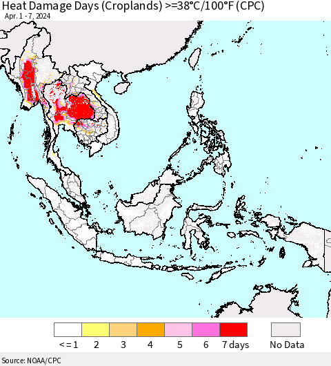 South East Asia Heat Damage Days (Croplands) >=38°C/100°F (CPC) Thematic Map For 4/1/2024 - 4/7/2024