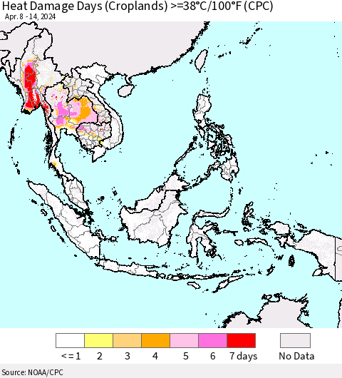 South East Asia Heat Damage Days (Croplands) >=38°C/100°F (CPC) Thematic Map For 4/8/2024 - 4/14/2024
