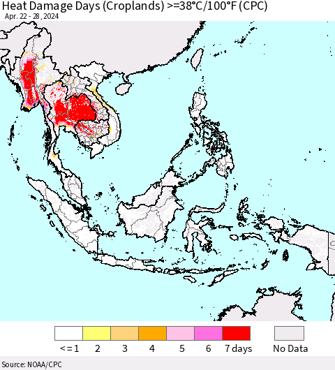 South East Asia Heat Damage Days (Croplands) >=38°C/100°F (CPC) Thematic Map For 4/22/2024 - 4/28/2024