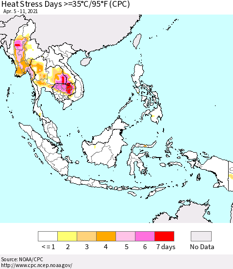 South East Asia Heat Stress Days >=35°C/95°F (CPC) Thematic Map For 4/5/2021 - 4/11/2021