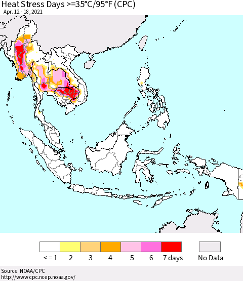 South East Asia Heat Stress Days >=35°C/95°F (CPC) Thematic Map For 4/12/2021 - 4/18/2021
