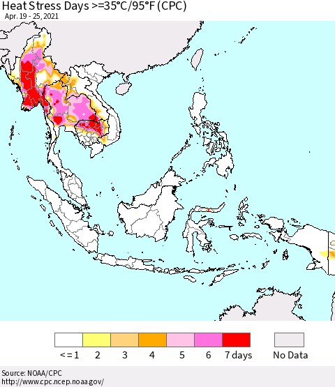 South East Asia Heat Stress Days >=35°C/95°F (CPC) Thematic Map For 4/19/2021 - 4/25/2021