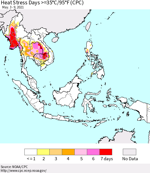 South East Asia Heat Stress Days >=35°C/95°F (CPC) Thematic Map For 5/3/2021 - 5/9/2021