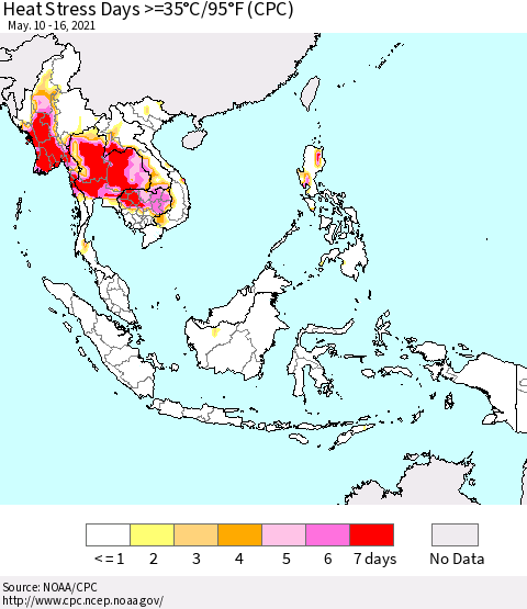 South East Asia Heat Stress Days >=35°C/95°F (CPC) Thematic Map For 5/10/2021 - 5/16/2021