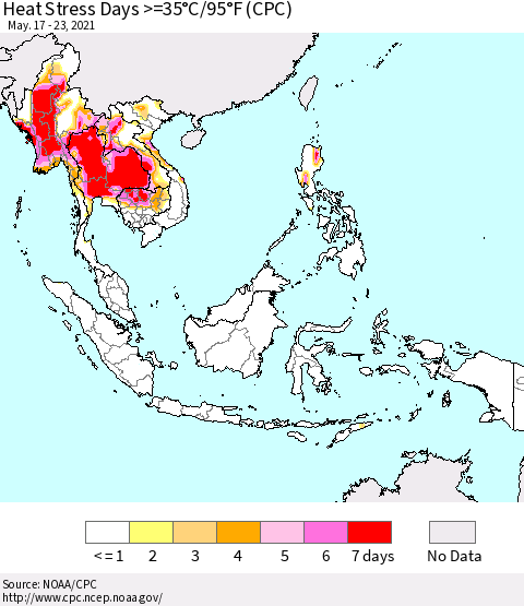 South East Asia Heat Stress Days >=35°C/95°F (CPC) Thematic Map For 5/17/2021 - 5/23/2021