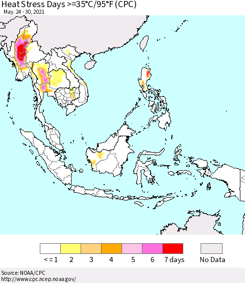 South East Asia Heat Stress Days >=35°C/95°F (CPC) Thematic Map For 5/24/2021 - 5/30/2021