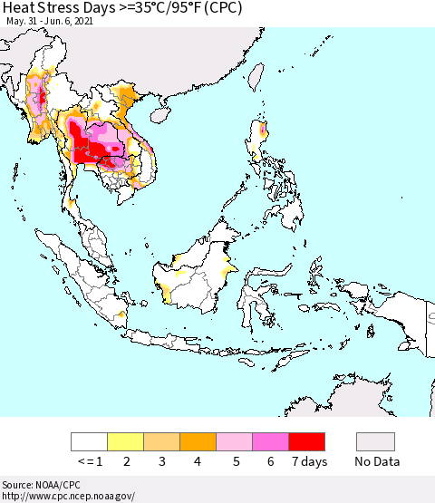South East Asia Heat Stress Days >=35°C/95°F (CPC) Thematic Map For 5/31/2021 - 6/6/2021