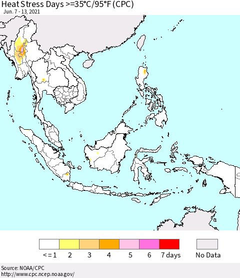 South East Asia Heat Stress Days >=35°C/95°F (CPC) Thematic Map For 6/7/2021 - 6/13/2021