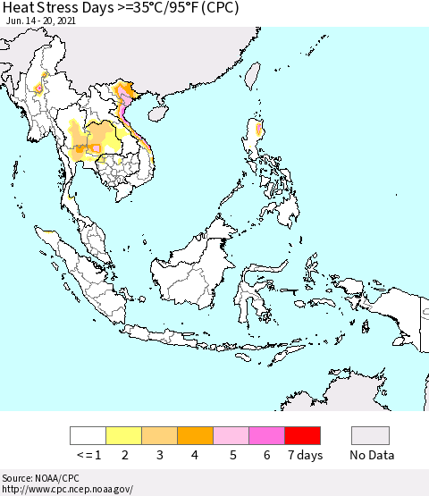 South East Asia Heat Stress Days >=35°C/95°F (CPC) Thematic Map For 6/14/2021 - 6/20/2021