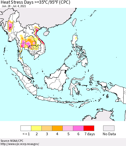 South East Asia Heat Stress Days >=35°C/95°F (CPC) Thematic Map For 6/28/2021 - 7/4/2021