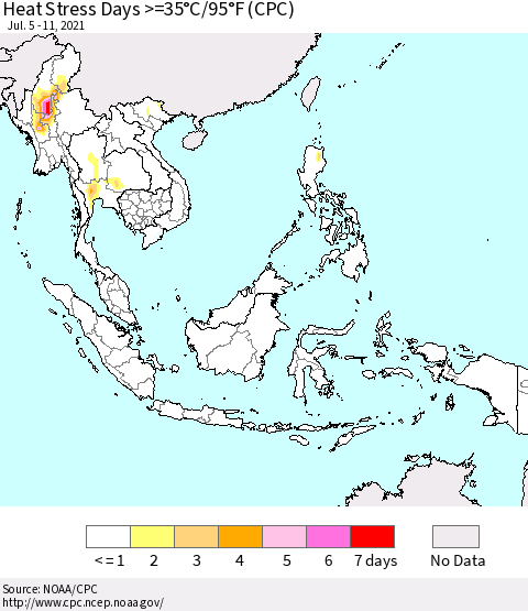 South East Asia Heat Stress Days >=35°C/95°F (CPC) Thematic Map For 7/5/2021 - 7/11/2021