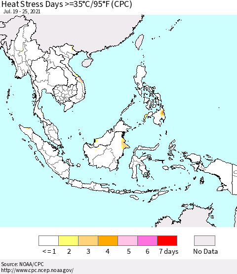 South East Asia Heat Stress Days >=35°C/95°F (CPC) Thematic Map For 7/19/2021 - 7/25/2021