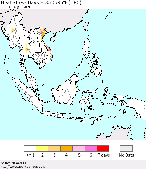 South East Asia Heat Stress Days >=35°C/95°F (CPC) Thematic Map For 7/26/2021 - 8/1/2021