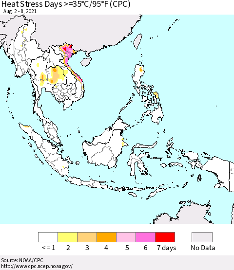 South East Asia Heat Stress Days >=35°C/95°F (CPC) Thematic Map For 8/2/2021 - 8/8/2021