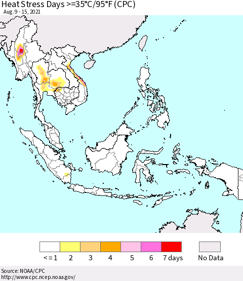 South East Asia Heat Stress Days >=35°C/95°F (CPC) Thematic Map For 8/9/2021 - 8/15/2021