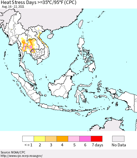 South East Asia Heat Stress Days >=35°C/95°F (CPC) Thematic Map For 8/16/2021 - 8/22/2021