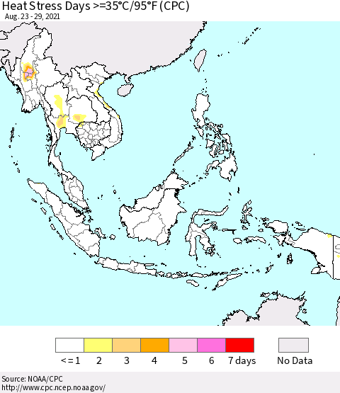 South East Asia Heat Stress Days >=35°C/95°F (CPC) Thematic Map For 8/23/2021 - 8/29/2021