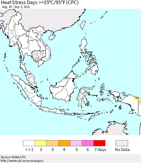 South East Asia Heat Stress Days >=35°C/95°F (CPC) Thematic Map For 8/30/2021 - 9/5/2021