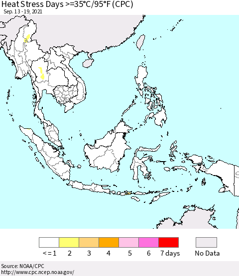 South East Asia Heat Stress Days >=35°C/95°F (CPC) Thematic Map For 9/13/2021 - 9/19/2021