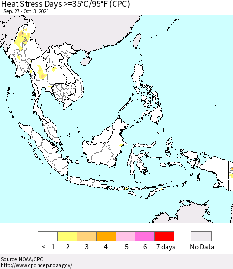South East Asia Heat Stress Days >=35°C/95°F (CPC) Thematic Map For 9/27/2021 - 10/3/2021